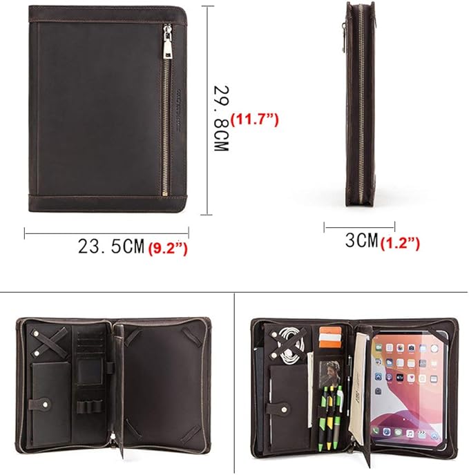 Leather Portfolio Padfolio for ipad Pro 11" Genuine Leather Smart Folio for 11-inch ipad pro 11 case with Pencil Holder Zipper Pocket Multifunctional Case for iPad 11/iPad 10.5/iPad 9.7