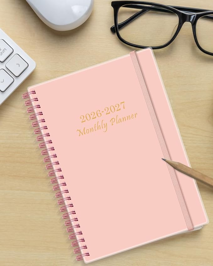 Monthly Planner 2026-2027 – Monthly Calendar from May 2026 to December 2027, 20 Month Planner with Spiral Binding, Inner Pocket, Elastic Closure, 5.8" x 8.5", Pink
