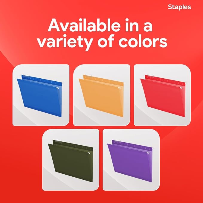 Staples Hanging File Folders, Letter Size, Blue, 5‑Tab, 1/5‑Cut Tabs, Includes Tabs & Inserts – 25/Pack