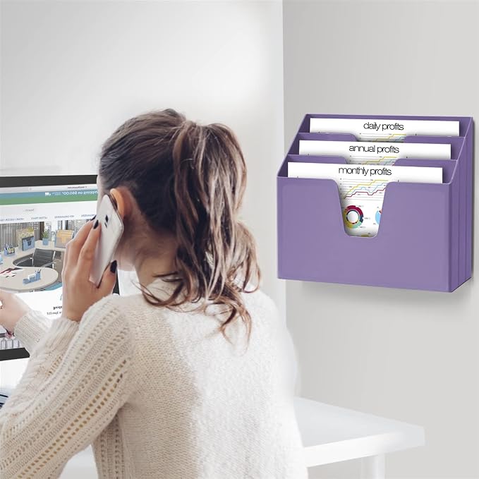 Acrimet Horizontal Triple File Folder Holder Organizer, Open Top Desktop Document Sorter for Letter Size Papers & Folders, Plastic (Solid Purple)