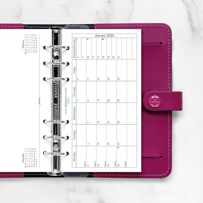 Filofax Calendar Diary Refill, Personal/Compact Size, Month on One Page with Notes, Horizontal, White Paper, English, 2026 (C68405-26)