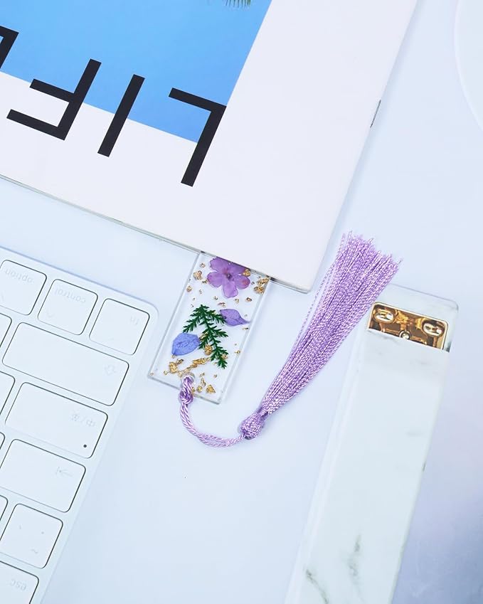 Penta Angel Dried Flower Resin Bookmarks Handmade Clear Pressed Floral Page Markers with Silky Tassel Reading Gift for Women Adults Graduation Valentine’s Day Christmas (Purple)