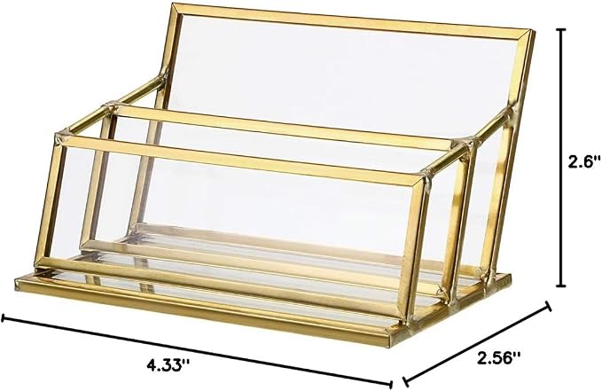 Hipiwe 2 Slots Glass Business Card Holder Stand - Gold Metal Frame Name Card Display Stand Business Name Card Organizer for Office Tabletop,Fits 80-100 Business Cards
