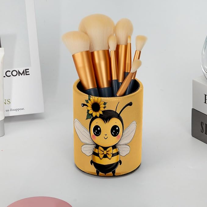 Bee Pen Holder Pencil Organizer Cute Pencil Cup Desk Decor Makeup Brush Holder PU Multifunctional Office Supplies for Home Classroom School