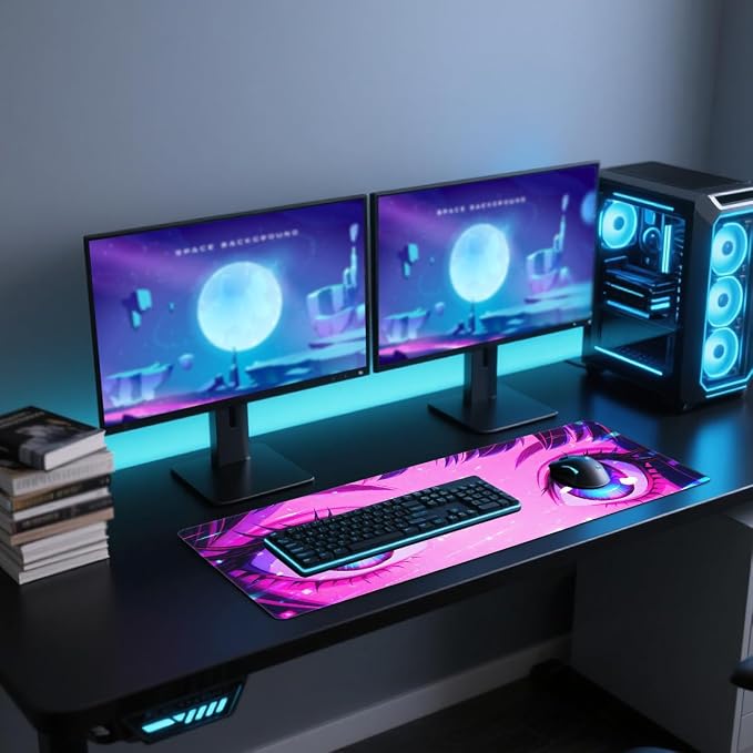 Anime Girl Desk Mat 35.4 x 15.7 Inches Kawaii Heart Eyes Neon Gaming Mouse Pad with Non-Slip Rubber Base, Smooth Cloth Surface Desk Keyboard Mat for Computer, PC, Laptop, Desktop