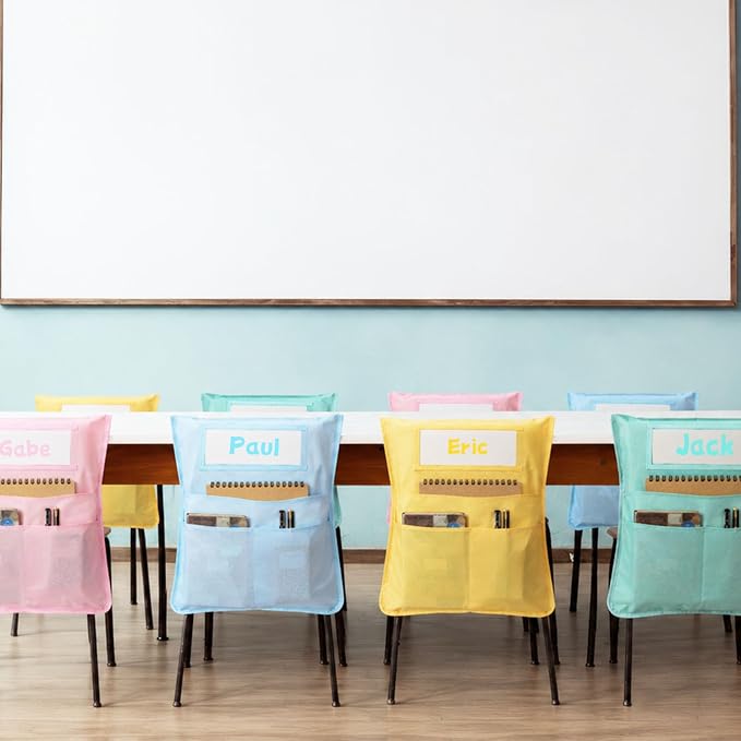 4pcs for Classroom 16.3x19.7inch Classroom Chair Pockets with Name Tag 3 Pockets Chair Organizer for Teacher Student School Office(Pink Purple)
