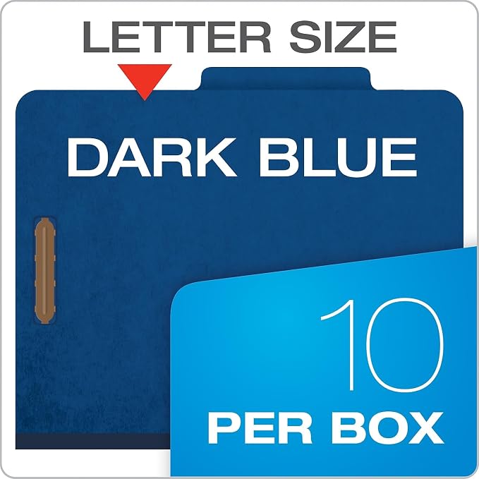 Globe-Weis/Pendaflex Colored Classification Folders, 2/5 Cut Tab, 1 Divider, 2-Inch Embedded Fasteners, Letter Size, Dark Blue, 10 Folders Per Box (23732)