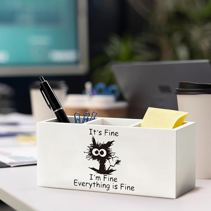 Funny Black Cat Pen Pencil Holder, Black Cat Mom Lovers Gifts for Women Wood Desk Organizer and Accessories, It's Fine Everything Is Fine Funny Makeup Brush Holder Organizer for Bathroom Vanity