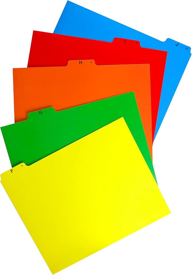 Iconikal A-Z Alphabetical Hanging File Folder Guide Dividers, Heavyweight 5 Color Coded Tabs, Letter Size 1/5 Cut Positions, Heavy Duty Office Organizers 5 Tabs Across