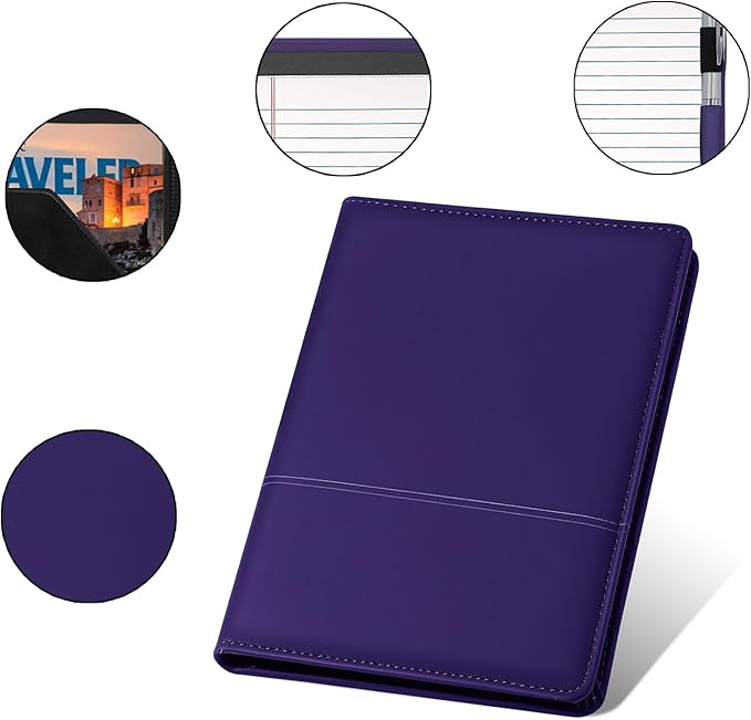 Classic Padfolio/Junior Portfolio Folder Case, Business A5 Leather Organizer Binder for Men Women, A5 Writing Pad Included, Dark Purple