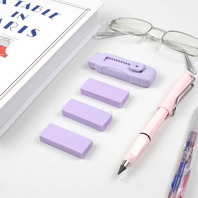 3+1 Pack Retractable Erasers – Soft Rubber Push-Pull Pencil Erasers with Plastic Sleeve & 3 Refills for School, Home, or Office (Purple)
