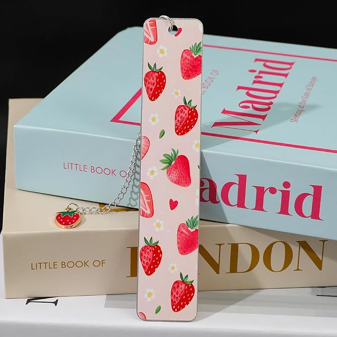 Pink Bow Metal Bookmark Gift Silver Chain Pendant with Bow for Women's Christmas Gift Book Lover Book Accessories School Supplies Office Stationery (Strawberry Bow 2PCS)