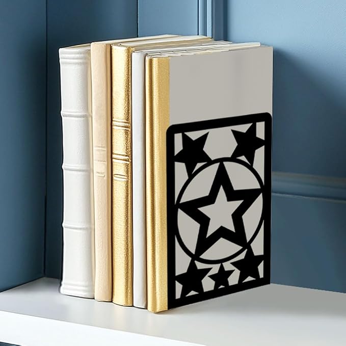 Star Metal Bookends for Shelves Decorative Books for Desk Organizer, Tall Sturdy Metal Book Ends for Heavy Books, Book Shelf Book Holder for Office Library Decor and Home Decor
