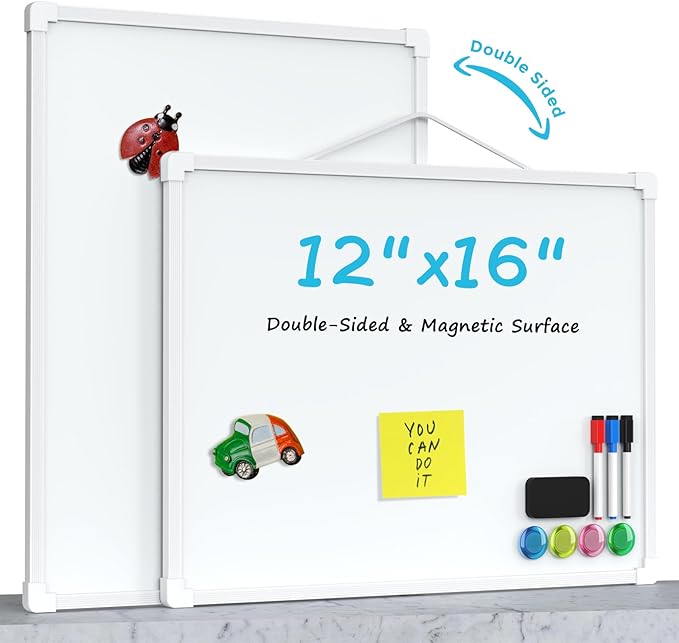 MaxGear Double-Sided Dry Erase Board for Wall, 16"x12" Hanging Whiteboard, Small Dry Erase White Board with 3 Markers and 4 Magnets, Portable Whiteboard for Planning, Drawing, Memo, to Do List