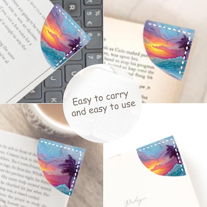 2PCS PU Leather Bookmarks 3.5x3.5 Inch Sunset Palm Wave Design | PU leather bookmarks for books with sunset palm wave design for vacation journals, beach reads, coastal decor lovers