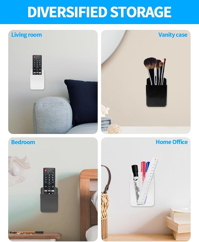 4 PCS Remote Control Holders Wall Mount, Self Adhesive TV Air Conditioner Remote Control Holder, Wall Mount Storage Holder Organizer Wall Pen Holder for Home Office School (Black White Gray Clear)