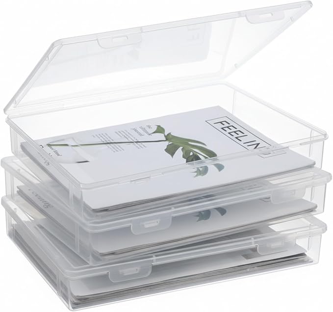 3 Pack Clear Plastic Storage Box with Flap Lid, Multipurpose A4 Size Craft Organizer for Art Supplies, Pencils, Markers, and Document Storage, 12.8 x 9.3 x 2.1 Inches