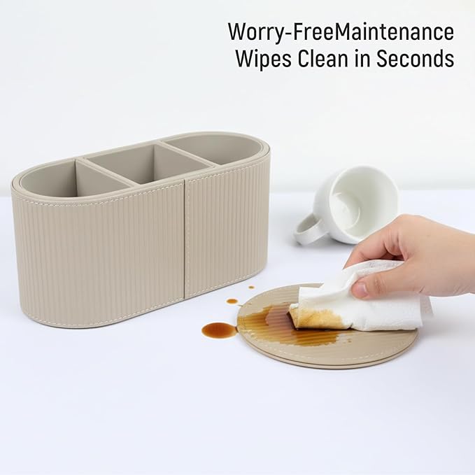 3 Compartments PU Leather Remote Control Holder, Multifunctional Desk Organizer for TV Remotes, Pens, and Accessories, Bedside and Tabletop Storage, Beige