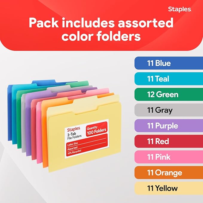 Staples File Folders, Letter Size, 1/3‑Cut Tabs, Assorted Colors, Durable 10.5‑Point Paper Stock, 100/Pack