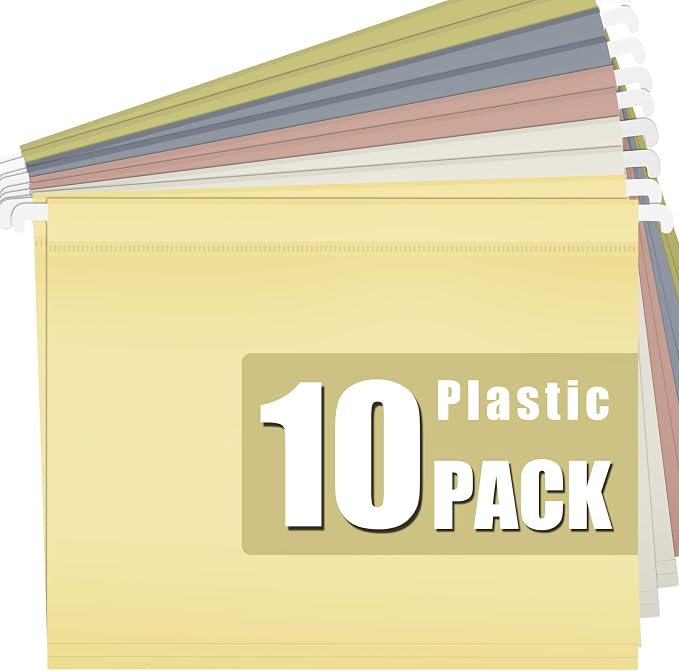 10 Pack Plastic Hanging File Folders, Letter Size (8.5"x11"), Assorted Colors with 1/5-Cut Tabs. Includes 10 Transparent Label Cards & 10 Sticker Labels – Perfect for Office & Filing Cabinets