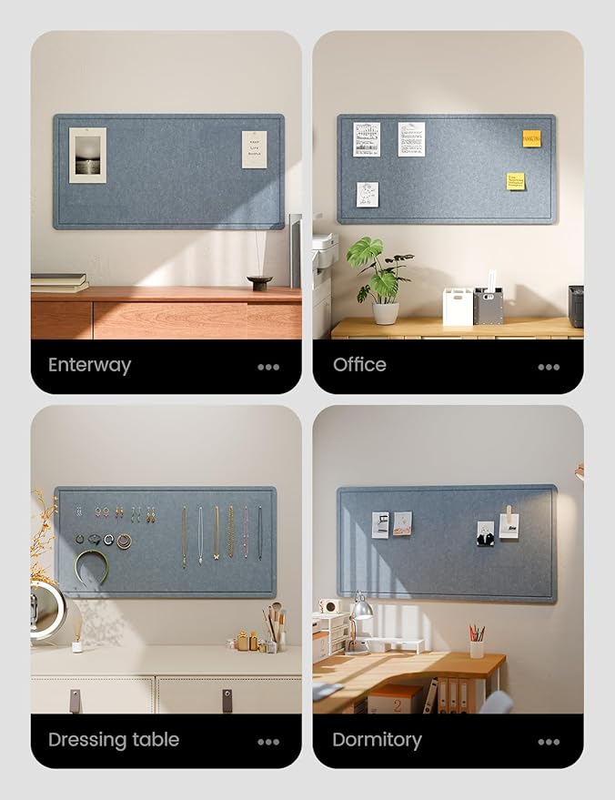 Fluxynara Bulletin Board, 35" x 17.5" Cork Board Alternative with 12 Safe Removable Adhesive Tabs, Foldable Felt Pin Board for Home Office, Classroom, Bedroom,Entryway for Walls—Blue Gray