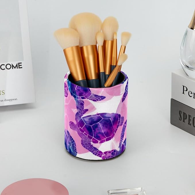 Round Pencil Holder for Desk, Sea Turtles Seamless Purple Pattern Large Pencil Pen Cup, Desk Accessories & Workspace Desk Organizer for Home, School, Office