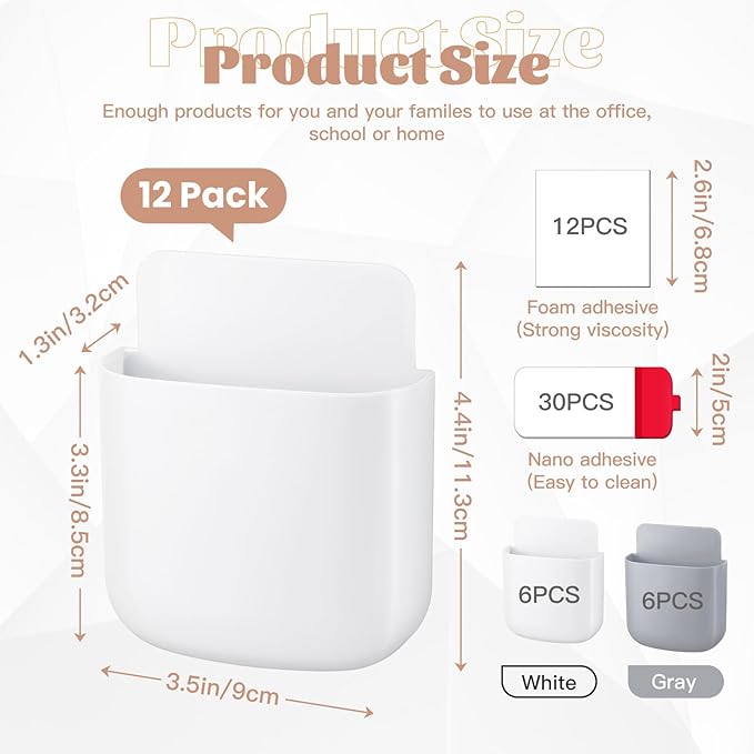 12 Pcs Remote Holder Wall Mounted, Self-Adhesive Phone Pen Holder for Wall Beside Table Bed Storage Box Organizer Wall Pocket for Home Office School Supply Storage Camper Accessories