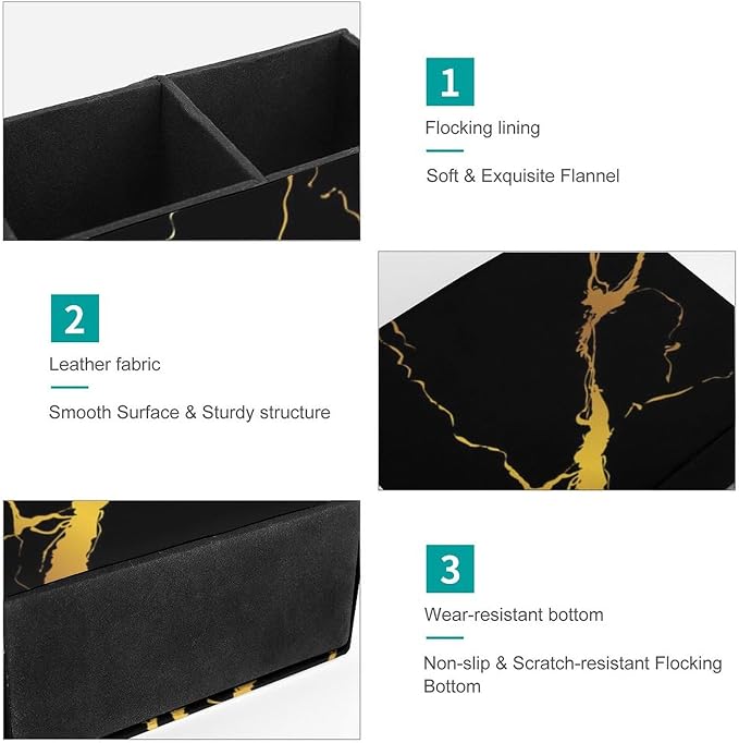 Square Pen Holder Black Marble Gold Texture for Desk, Leather Pencil Container Decoration Office Desk Home, Study Table Pen Organizer, Pencil Organizer