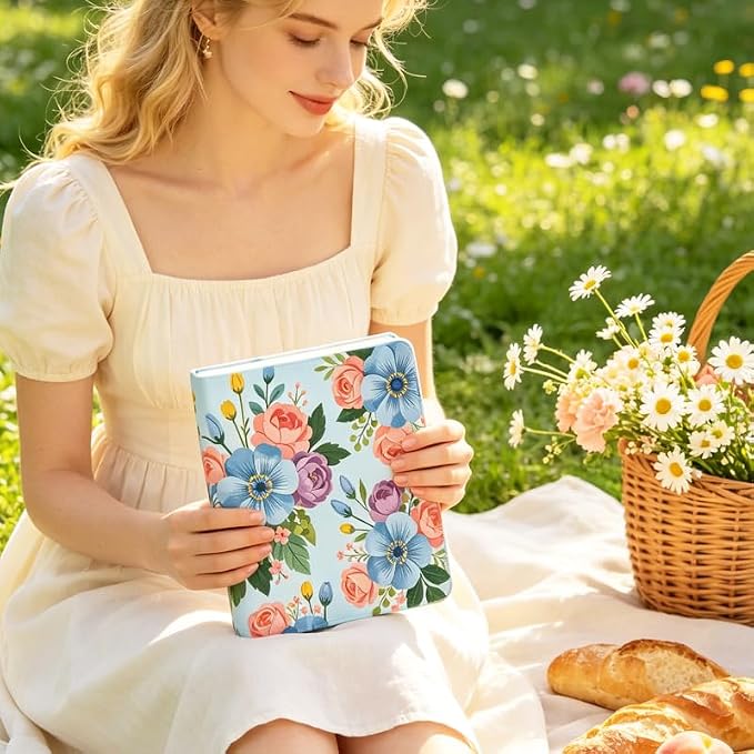 Blue and Pink Flowers Patern Stretchable Book Cover 15.7"x9.8", Elastic Washable Book Protector for Hardcover Textbooks Paperbacks, Reusable Polyester Book Sleeve for Women