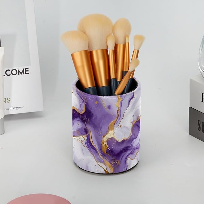 White and Purple Marble Art Leather Pen Holder for Desk, Multifunctional Desktop Organizer Pencil Cup, Desktop Caddy Stationery Organizer for School Home Office Desk Accessories