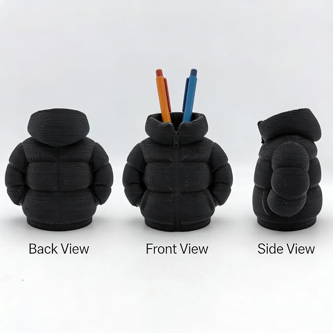 YOKUSHI Down Jacket Pen Holder, 3D Printed Funny Puffer Jacket Pencil Holder, Creative Desk Organizer for Office Supplies, Cute Unique Stationery Holder for Desk, Quirky Gift for Women Men (Black)