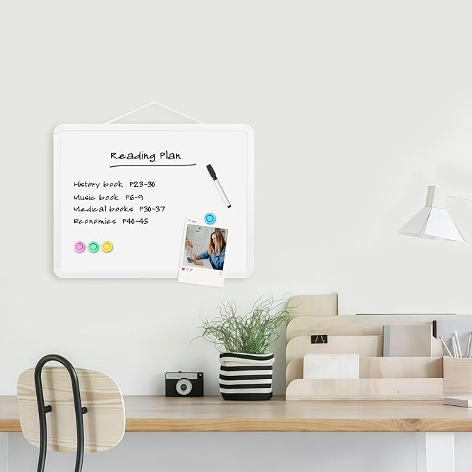 Small White Board for Wall, 11" x 14" Mini Dry Erase Board with Plastic Frame, Cute Hanging Whiteboard to Do List with 5 Markers for Kitchen Planner, Home, Office