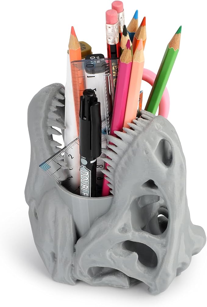 Cool Dinosaur Pen Holder, Dinosaur Skull Figurine Pencil Holder for Office Desk Decor, Funny Easter Gifts for Men and Boys, Grey T-Rex Desktop Organizer