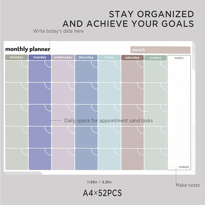 Monthly Planner –100gsm Paper, 52 Tear-off Sheets - A4 Size Undated Calendar and Scheduler - Colour Coded Days, and Notes Area - Perfect for Home and Work