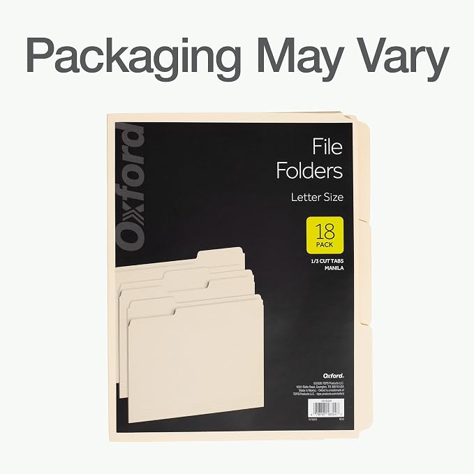 Oxford File Folders, 18 Pack, Letter Size (8.5" x 11"), 3 Tabs, Durable Manila Paper, for School, Office & Home Document Organization