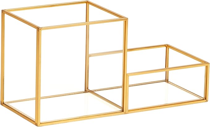 Mind Reader 2-Compartment Glass Catch-All Tray with Copper Trim, Desk Accessory Organizer for Office Supplies, Keys & Small Items, Glass and Copper, Clear