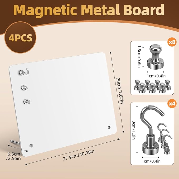 Magnetic Metal Display Bulletin Board, White, 4 Pack, 11x8 Inch | Horizontal Orientation, Includes 12 Magnets, For Memos Messages Photos, For Home School Kitchen Office
