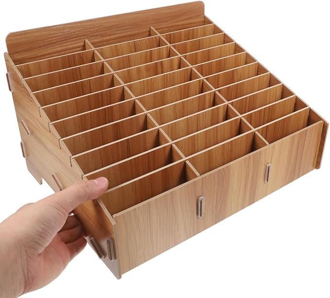 Tofficu 30-Slot Wooden Mobile Phone Storage Box with Multi-Compartment Organizer for Classroom Office and Meeting Room Desktop Use 7.3X9.3X7.3 Inches