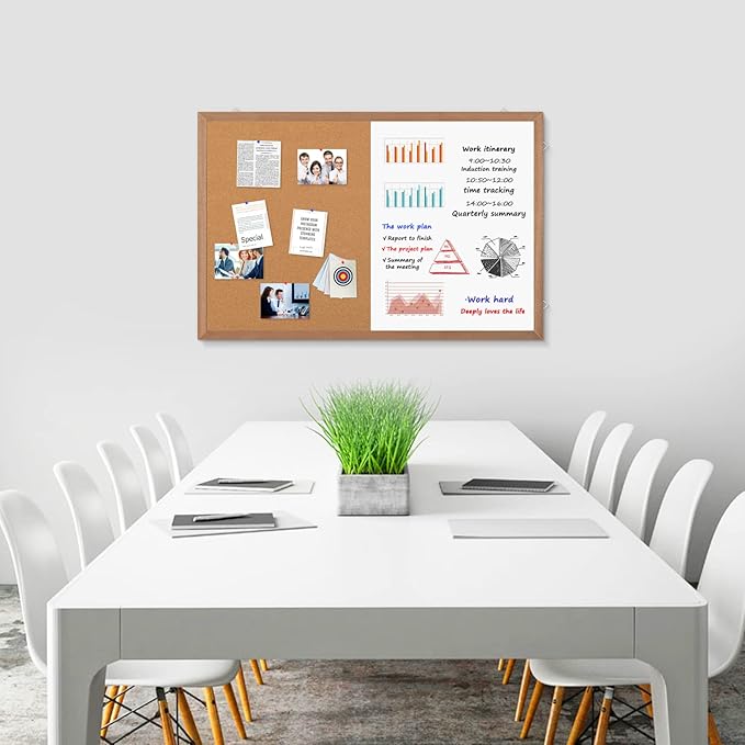 Combination Magnetic Whiteboard Cork Bulletin Board, 36x24 Inches Combo Dry Erase White Board Cork Pin Board for Wall with Natural Wood Frame…