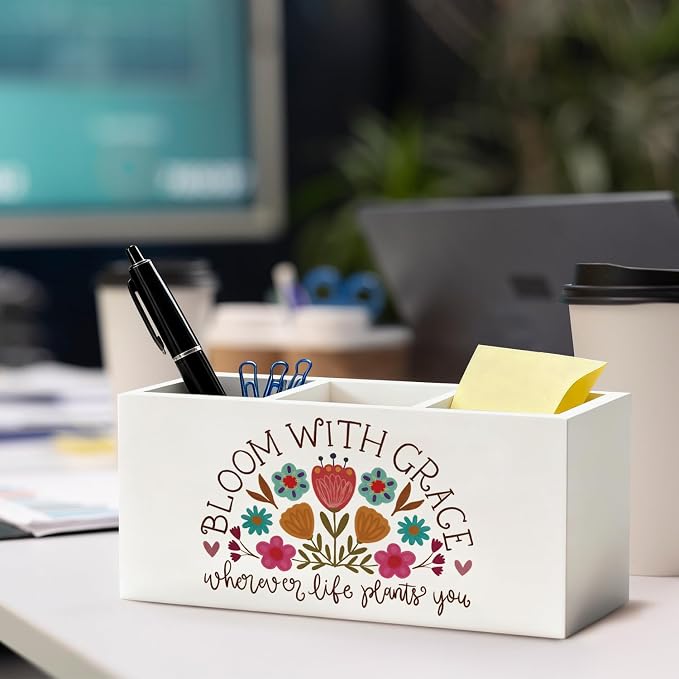 Boho Floral Inspirational Pen Pencil Holder, Mental Health Wood Desk Organizer and Accessories, Inspirational Positive Gifts for Women Pen Holder Desk Organizer for Therapy Office Tabletop