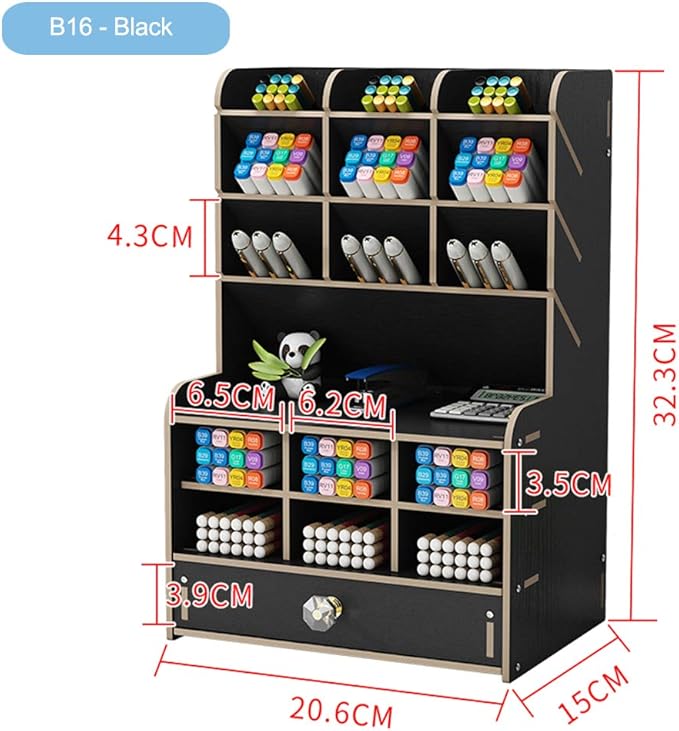 Wooden Desk Organizer with Drawer, Large Capacity DIY Pen Holder Storage Box Desktop Stationary Storage Rack, Pen Organizer Caddies for Office, Home and School Supplies (B16-Black)