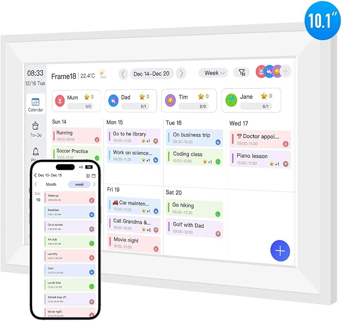 Fotocube 10.1" Digital Calendar Wall Planner Chore Charts and To Do List HD Smart Touch Screen Interactive display Desk Calender for Family Schedules Built-in Digital Photo Frame Function (10.1" White, 10.1 inch)