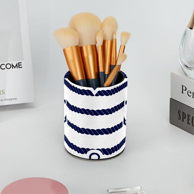 Round Pencil Holder for Desk, Blue Stripe Anchor Ocean Large Pencil Pen Cup, Desk Accessories & Workspace Desk Organizer for Home, School, Office