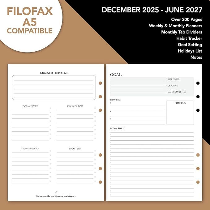 WANDERINGS A5 Leather Binder Planner - Refillable 6 Ring Journal with Inner Pockets - Hand-Crafted Genuine Leather Organizer- Filofax Compatible. 2026/27 Monthly Weekly Calendar with Notes - 6"x8.5"