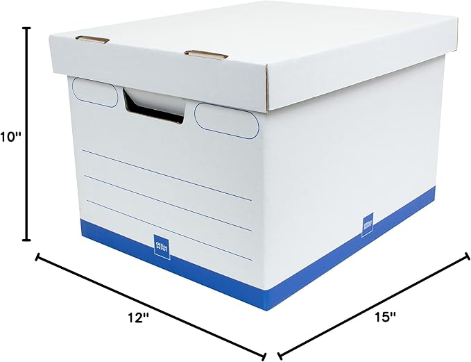 Office Depot 60% Recycled Quick Set-Up Storage Boxes With Lift-Off Lid, Letter/Legal, 10inH x 12inW x 15inD, White/Blue, pk Of 12, 0800303