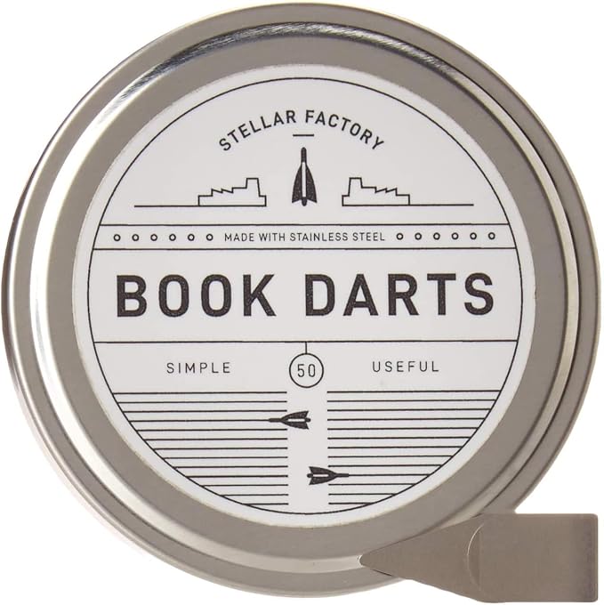 Stellar Factory Book Darts | Stainless Steel Line Marker Bookmarks | 50-Count Tin | Reusable, Page-Safe | for Students, Readers & Professionals