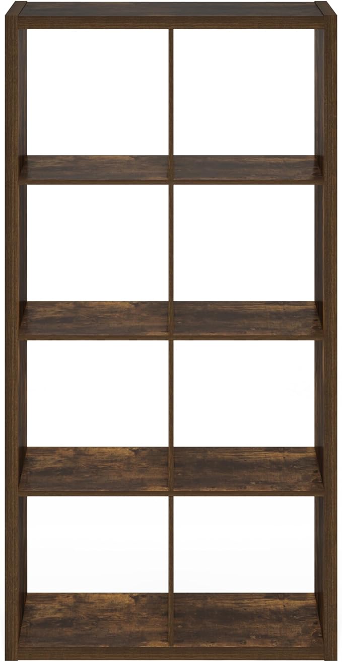 Furinno Cubicle Book Shelf, 8-Cube Bookshelf, Extra Thick Frame Horizontally & Vertically Reversible Bookcase with Open Back, 14.6" x 30" x 58", for Living Room, Bedroom, Home Office, Amber Pine