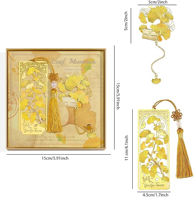 icceemee 2PCS Ginkgo Leaf Theme Bookmark, Cute Bookmark for Women with Hollow-Out Square & Irregular Design, Natural Tassel Book Marks Set in Gift Box, for Book Lovers