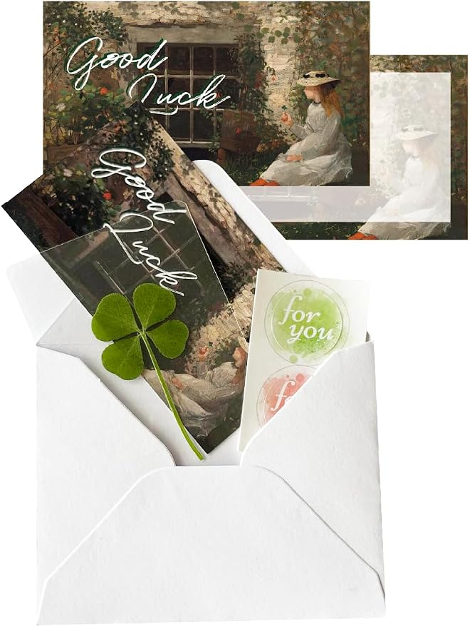Genuine Real Four-Leaf Clover Bookmark, Elegant Bookmark, Smartphone, Wallet Coated Gift Thank You Card Four-Leaf Clover Gift (Fine Art Card)