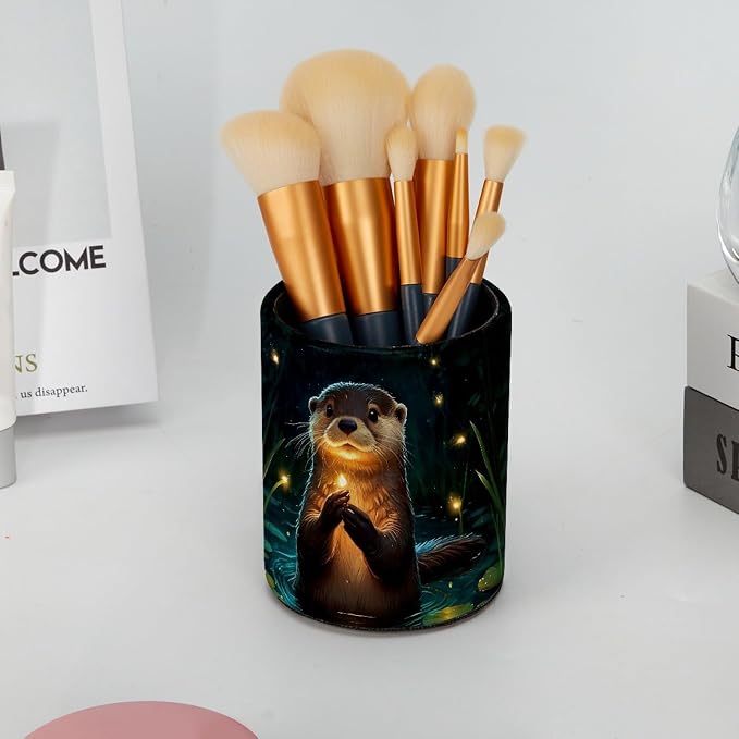 Cute Otter Pen Holder Pencil Organizer Cute Pencil Cup Desk Decor Makeup Brush Holder PU Multifunctional Office Supplies for Home Classroom School